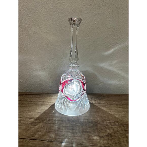 Cut to Clear Crystal Bell Red Overlay Floral Design – 8” Vintage Style - Picture 1 of 14